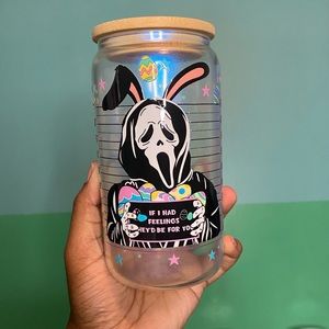 Ghost face 16oz glass can cup with bamboo lid and straw